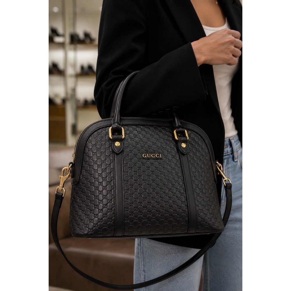 Gucci Microguccissima Black Leather Dome Satchel Bag 449663